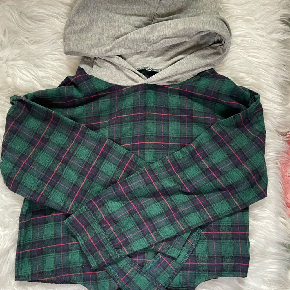 SHEIN Crop Plaid Hooded Long Sleeve
